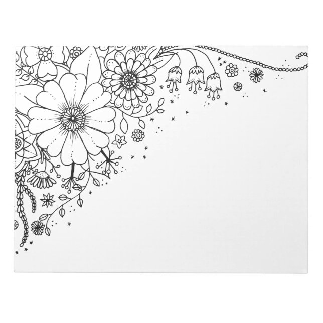 Black and White Doodle Flowers Colour In Picture Notepad (Front)
