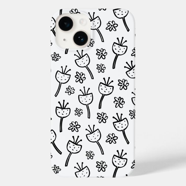 Black and white doodle flowers iPhone case (Back)