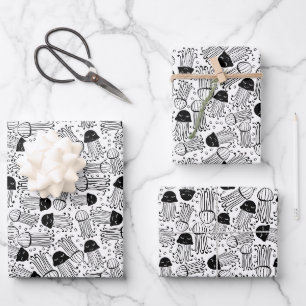 Black and white doodle jelly fish pattern wrapping paper sheet