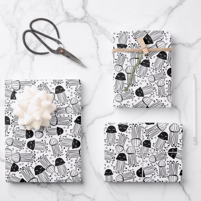 Black and white doodle jelly fish pattern wrapping paper sheet (Front)