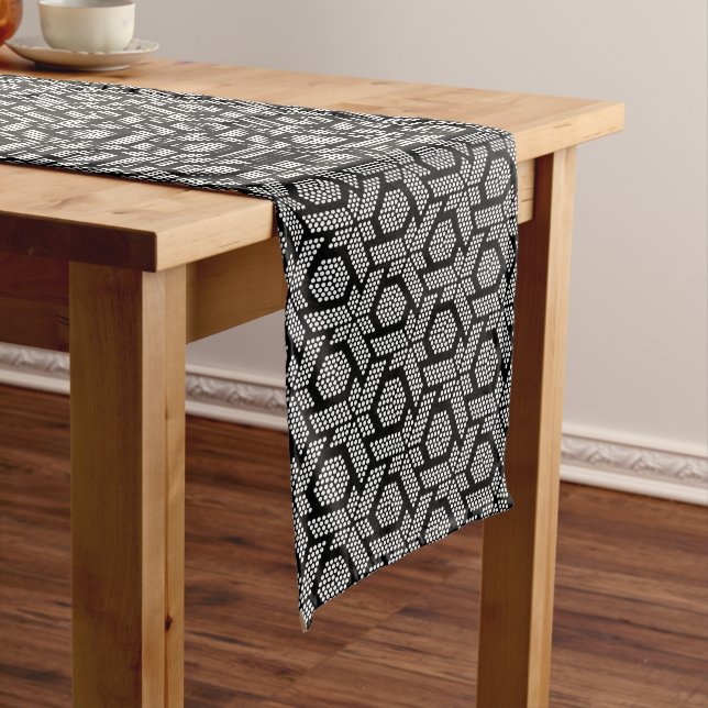 Black and white dots geometric pattern short table runner (In Situ)