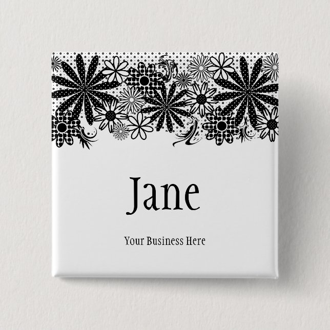 Black And White Dotted Flowers Name Badge Button (Front)
