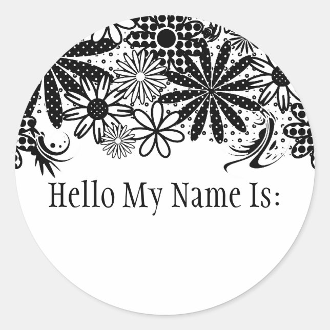 Black And White Dotted Flowers Name Badge Sticker (Front)