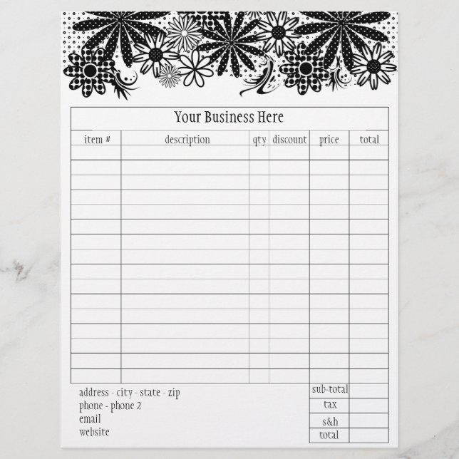 Black And White Dotted Flowers Order Form Flyer (Front)