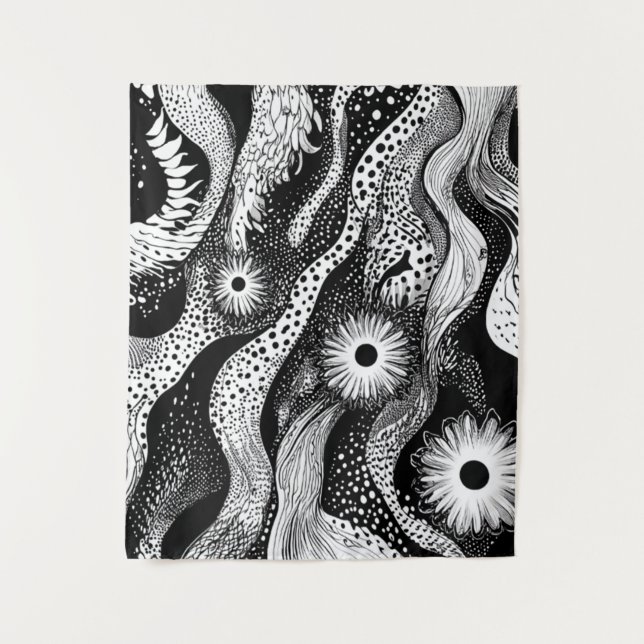 Black And White Dotted Waves Tapestry (Front)