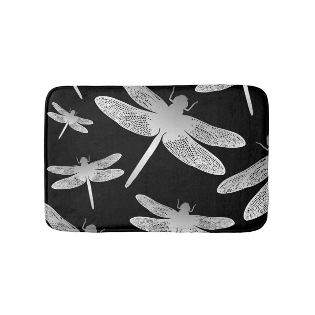 Black and White Dragonfly Pattern Bath Mat (Front)