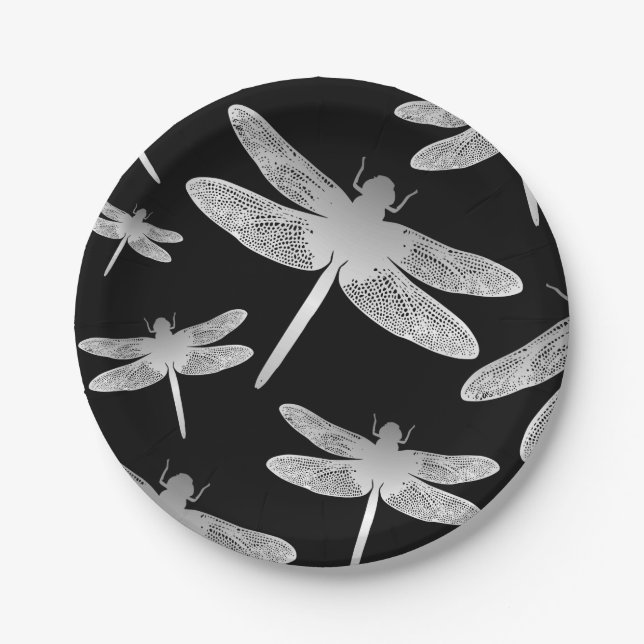 Black and White Dragonfly Pattern Paper Plate (Front)