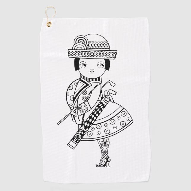 Black and white drawing of a woman holding  golf towel (Front)