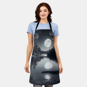 black and white drawing, the lake and the stars apron