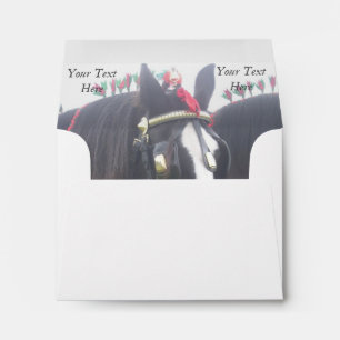 Black and white dray horse in colourful tack photo envelope
