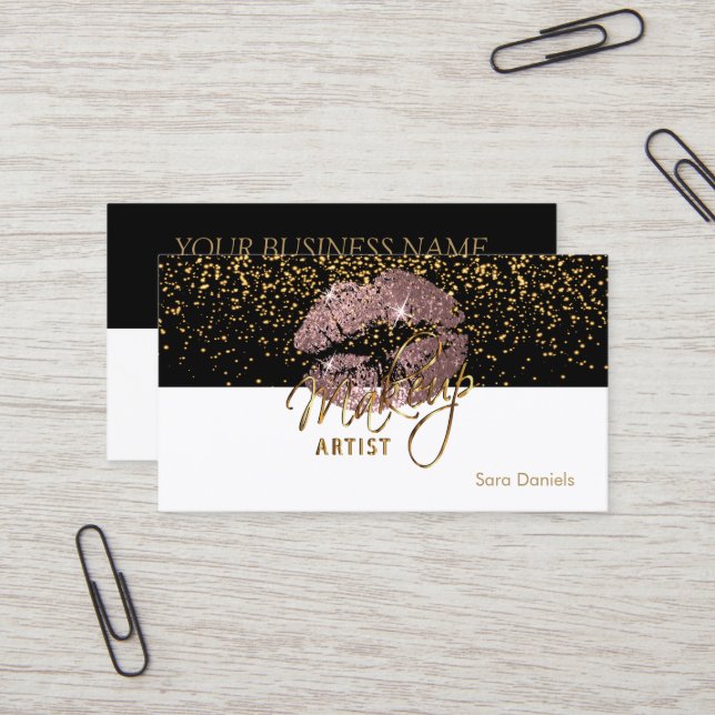 Black and White Dusty Rose Lips Business Card (Front/Back In Situ)