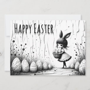 Black and White Easter Girl with Bunny Ears