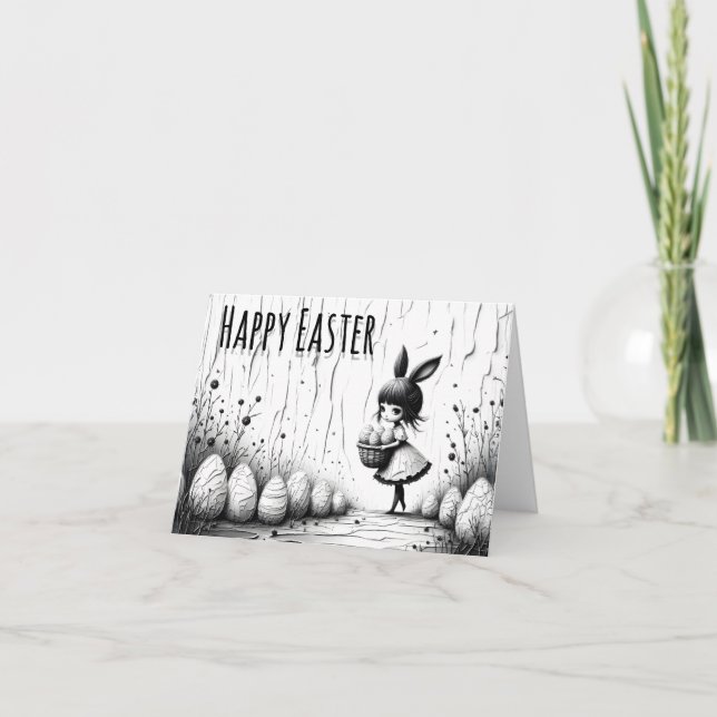 Black and White Easter Girl with Bunny Ears Thank You Card (Front)