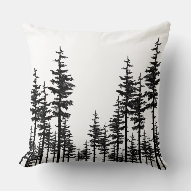 Black And White Eastern Pine Tree Woodland Forest Cushion (Front)