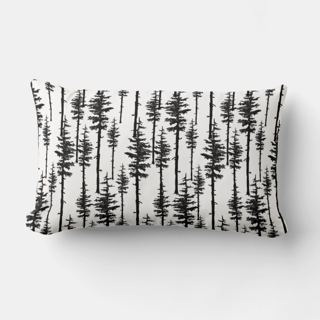 Black And White Eastern Pine Tree Woodland Forest Lumbar Cushion (Front)