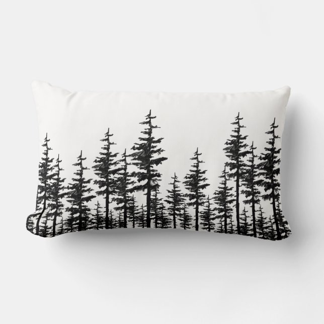 Black And White Eastern Pine Tree Woodland Forest  Lumbar Cushion (Front)
