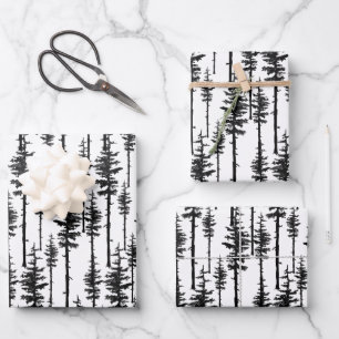 Black And White Eastern Pine Tree Woodland Forest Wrapping Paper Sheet