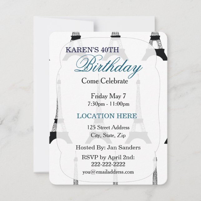 Black and White Eiffel Tower invitation template (Front)