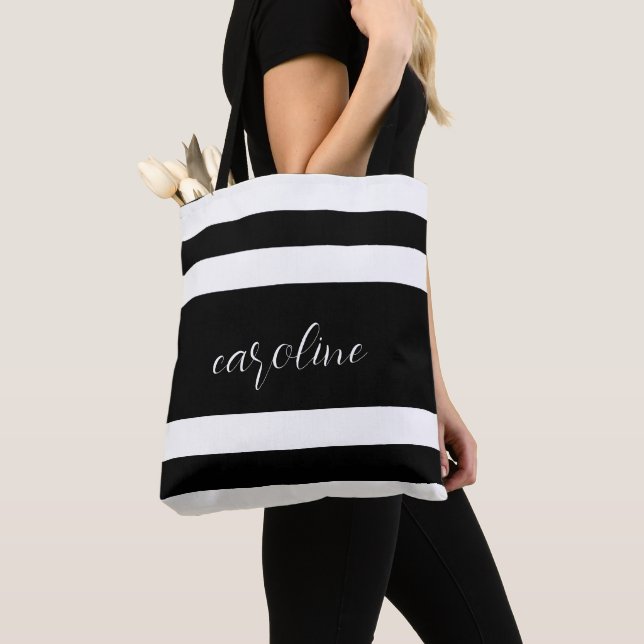 Black and White Elegant and Simple Striped   Tote Bag (Close Up)