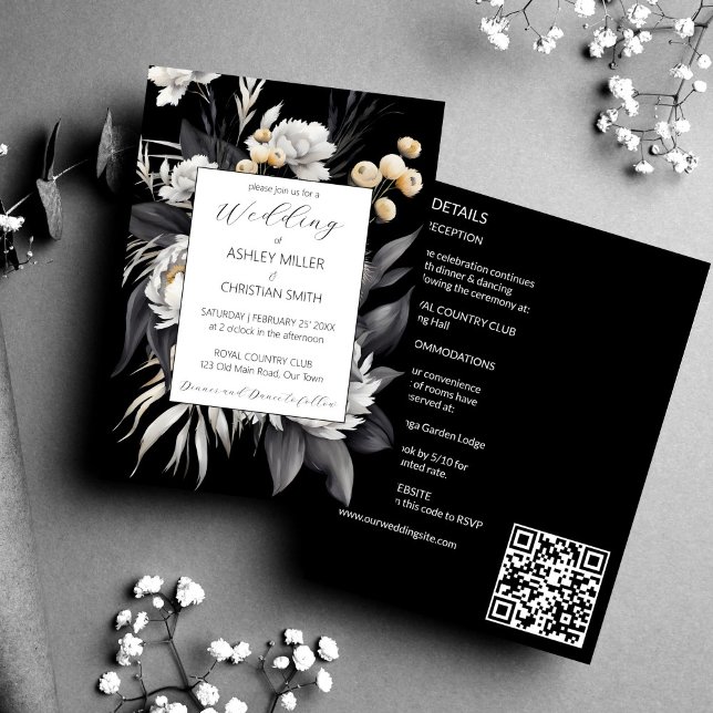 Black and white elegant boho all in one wedding invitation (Black and white elegant boho flowers all in one wedding editable template invitation digital downloa)