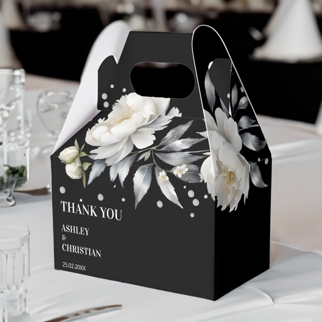 Black and white elegant boho wedding favour box (Black and white elegant boho white peonies wedding favor box personalized favor boxes black)