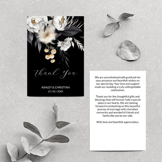 Black and white elegant boho wedding thank you card (Black and white elegant boho wedding thank you card white peonies dry pampas grass flowers black)