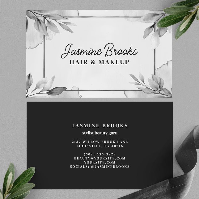 Black and White Elegant Botanical Leaves Business Card (Creator Uploaded)