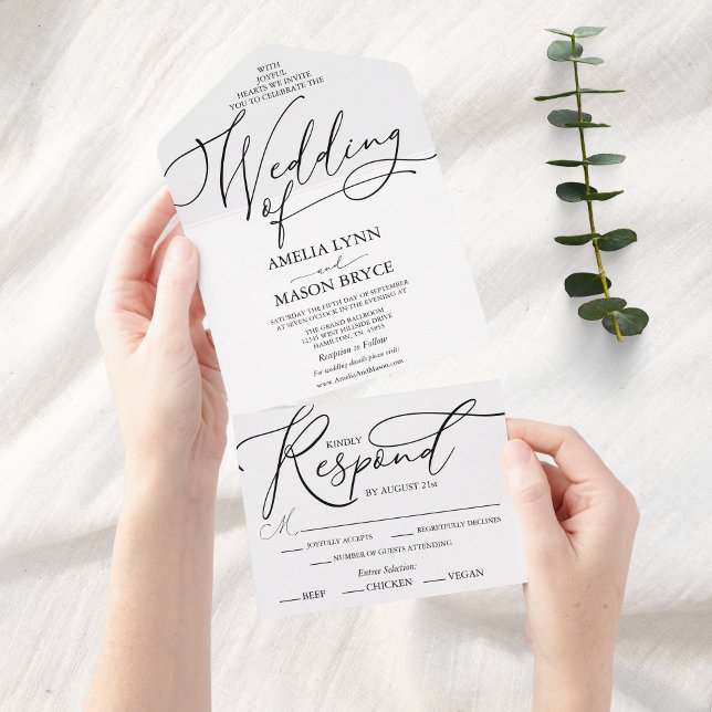 Black and White Elegant Calligraphy Script Wedding All In One Invitation (Elegant Script Calligraphy Wedding Invitation All in One)