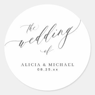 Black and white elegant calligraphy wedding classic round sticker