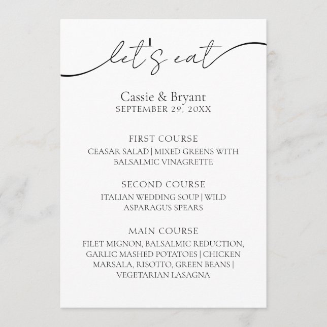 Black and White Elegant Calligraphy Wedding Menu (Front)