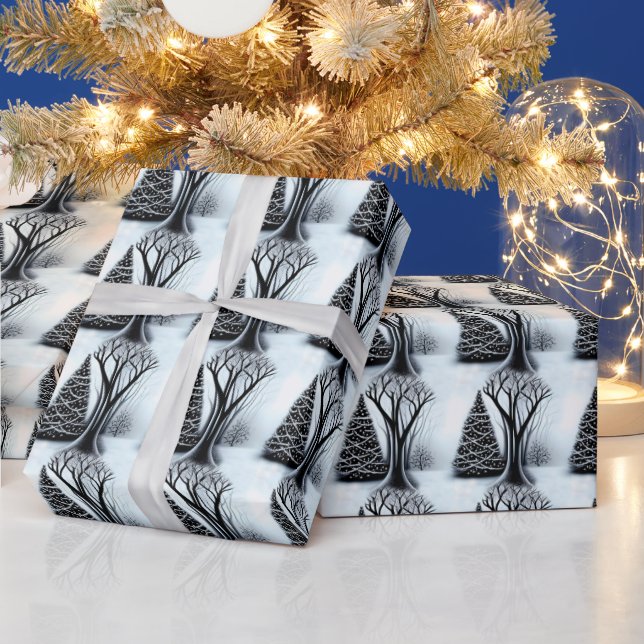 Black and White Elegant Christmas Tree Pattern Wrapping Paper (Holidays)