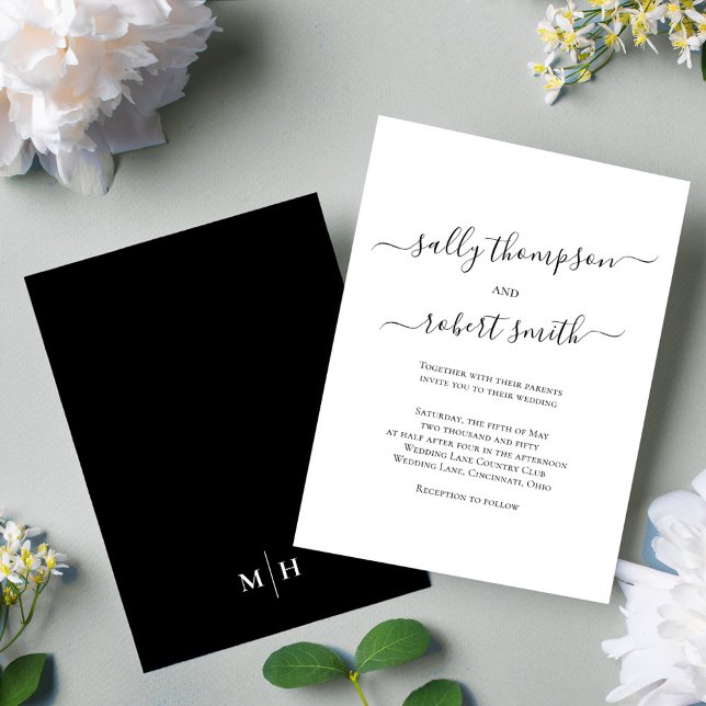Black and White Elegant Classic Script Template (Simple black and white calligraphy script wedding invitation.)