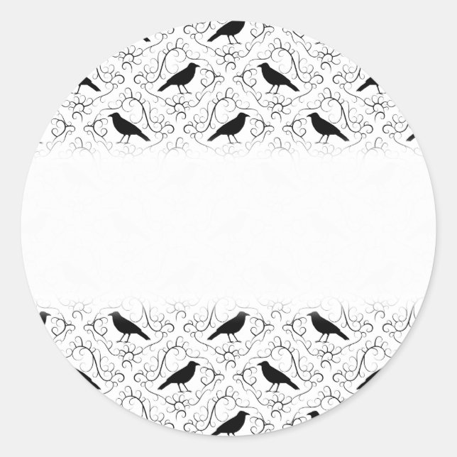 Black and White Elegant Crow Pattern. Classic Round Sticker (Front)