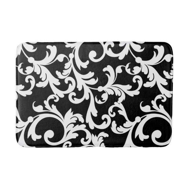 Black and White Elegant Damask Bath Mat (Front)