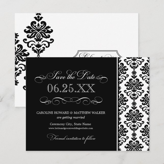 Black and White Elegant Damask Save the Date Announcement Postcard (Front/Back)