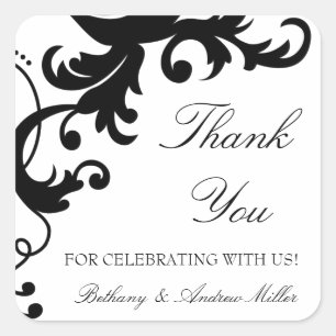 Black and White Elegant Damask Thank You Stickers