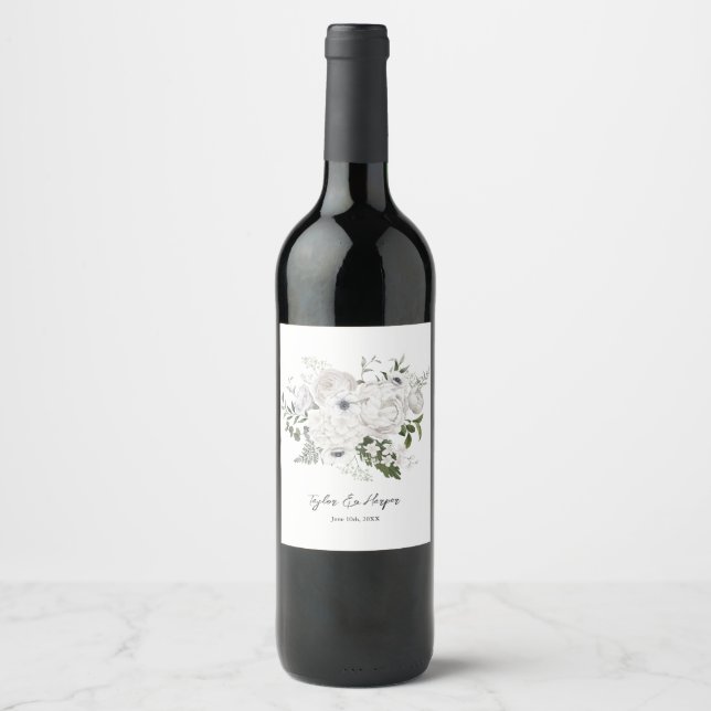 Black and White Elegant Floral Bouquet Modern Wine Label (Front)