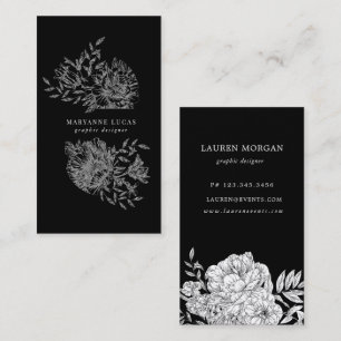 black and white elegant floral business card