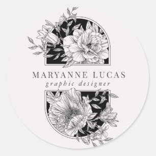 Black and White Elegant Floral Classic Round Sticker