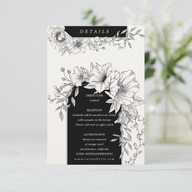 black and white elegant floral details enclosure card (Standing Front)