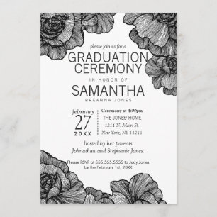 Black and White Elegant Floral Graduation Ceremony Invitation