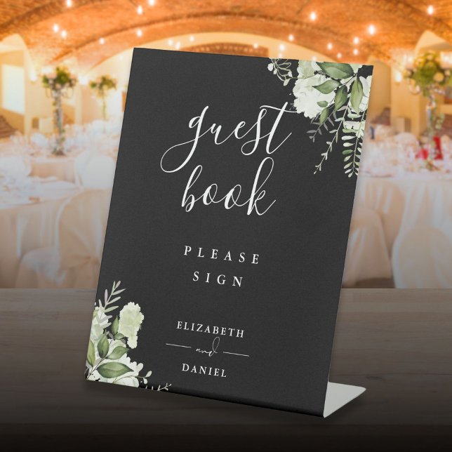 Black And White Elegant Floral Greenery Guest Book Pedestal Sign (Black And White Elegant Floral Greenery Guest Book Pedestal Sign)