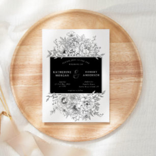 Black And White Elegant Floral Wedding Invitation