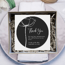 Black and White Elegant Floral Wedding Thank You  Classic Round Sticker