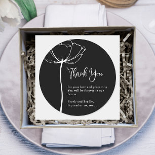 Black and White Elegant Floral Wedding Thank You Classic Round Sticker