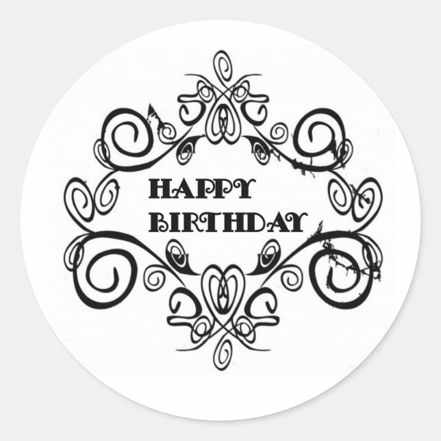 Black And White Elegant Happy Birthday Classic Round Sticker (Front)