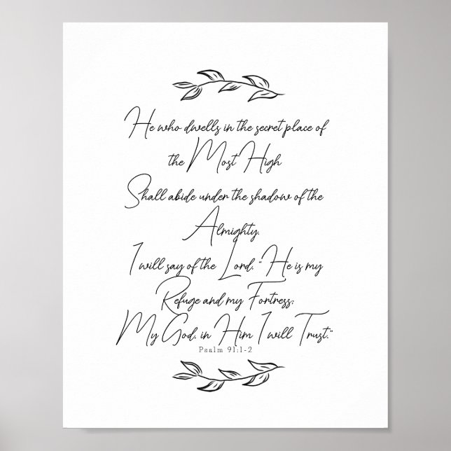 Black and White Elegant Leaves Psalm 91 Christian Poster (Front)