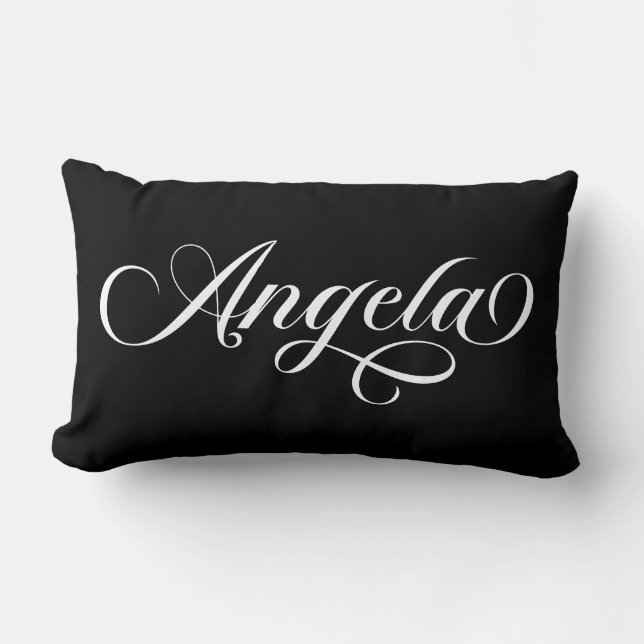 Black and White Elegant Lettering Angela Lumbar Cushion (Front)