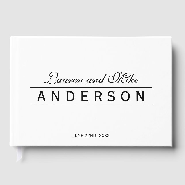 Black and White Elegant Lines Couple Name Wedding Guest Book (Front)
