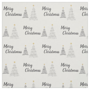 Black and White Elegant Merry Christmas Trees Fabric